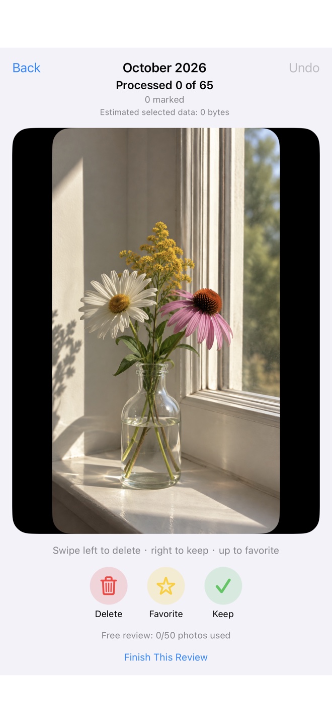 PhotoTend showing a flower photo with Keep, Favorite, Delete and Undo controls. Disposable example content.